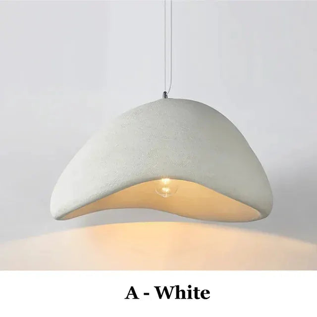 A-White Nordic Wabi Sabi pendant light with curved bowl shade, modern LED ceiling lamp