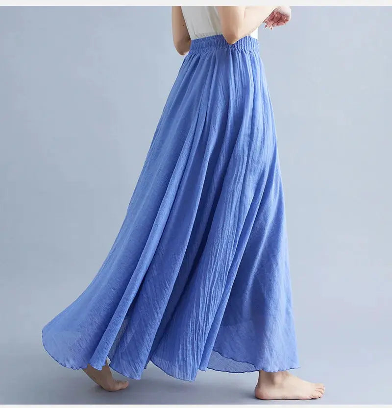 Simples Market Mori Girl cotton-linen long blue dress with elastic waist and flowing A-line skirt