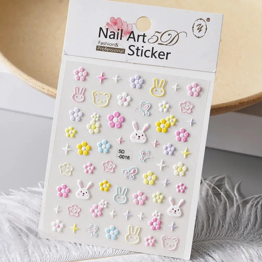 Nail art 5D sticker sheet by Simples Market with pastel flowers, bunnies, bears, butterflies and stars