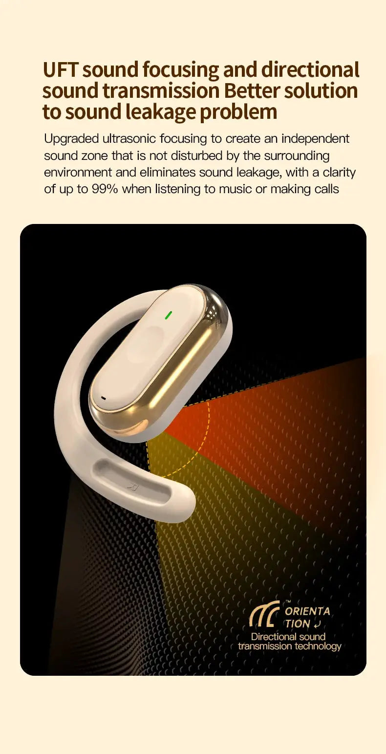 Bluetooth earphones with white and gold charging case and green LED indicator