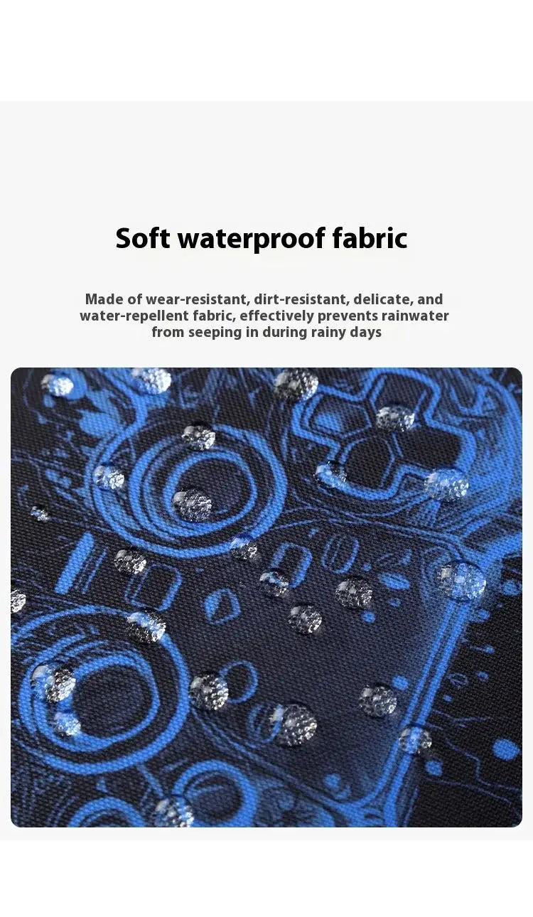 Blue waterproof backpack fabric close-up with water droplets and circuit-pattern design