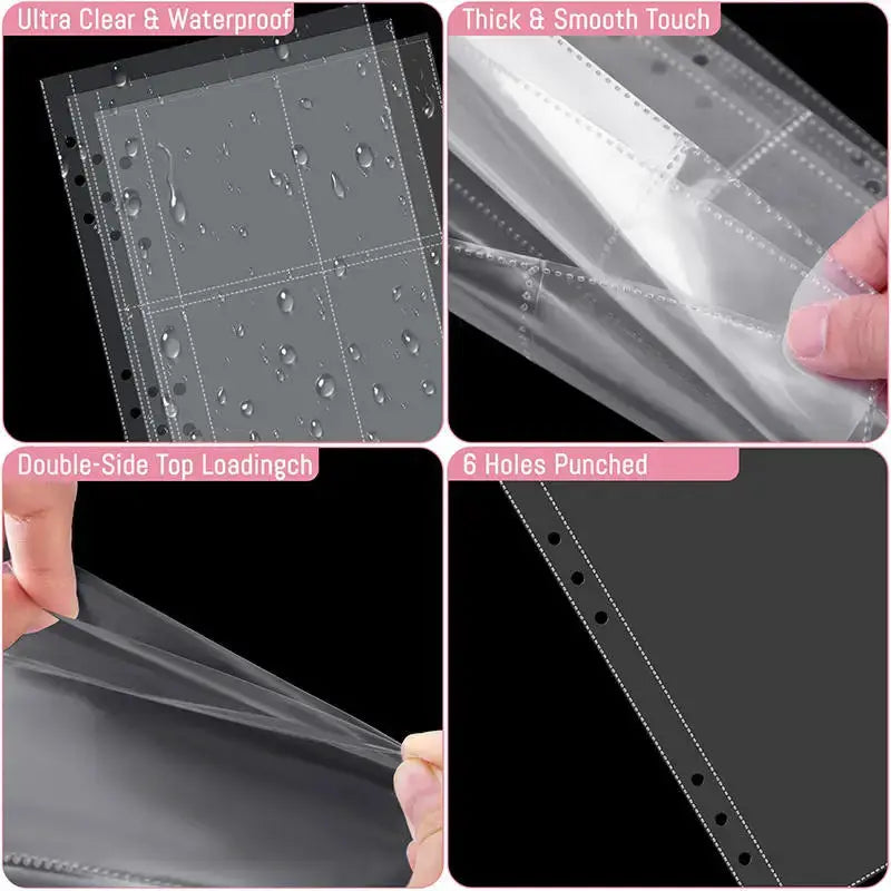 A5 photocard binder with 6-ring PU leather cover and 4-pocket ultra-clear waterproof sleeves.