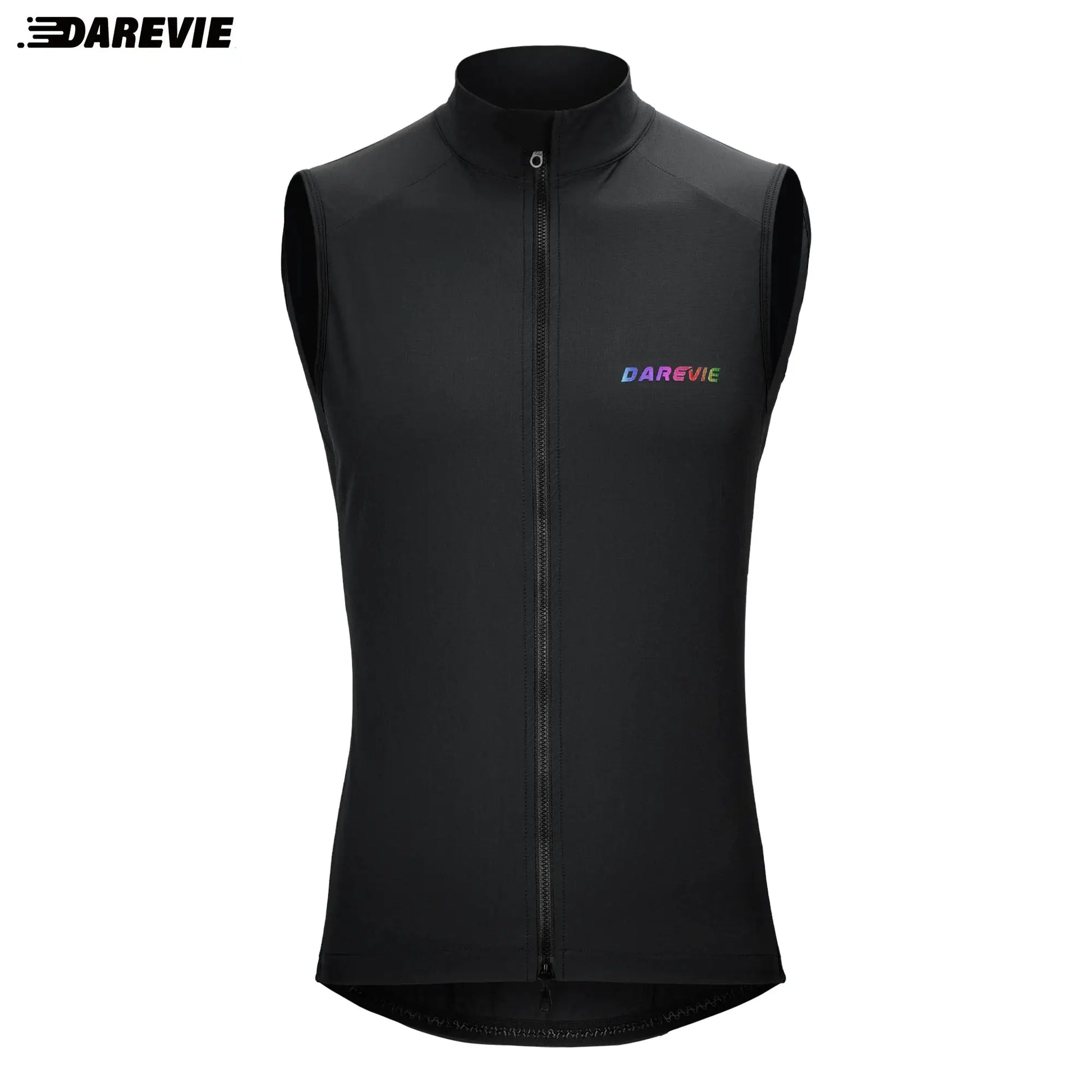 DAREVIE cycling vest, black windproof sleeveless windbreaker with front zipper and rainbow logo