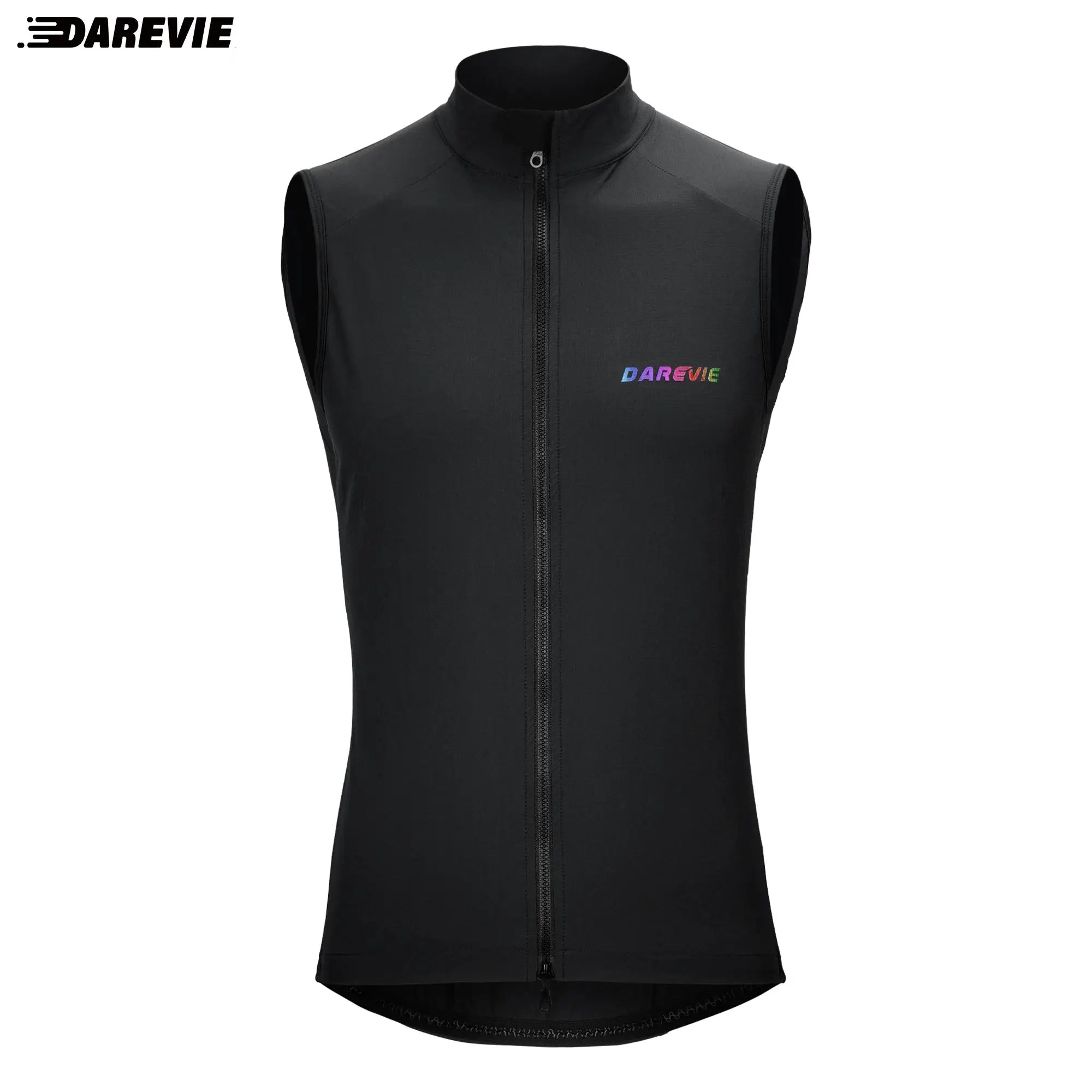 DAREVIE cycling vest, black windproof sleeveless windbreaker with front zipper and rainbow logo