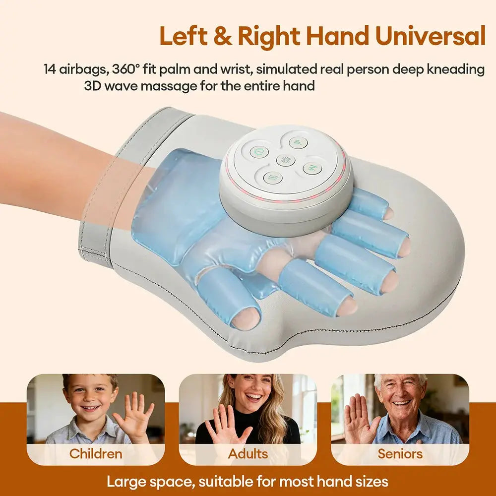 Simples Market electric hand massager glove with airbag compression for palm and fingers; gray with blue airbags.