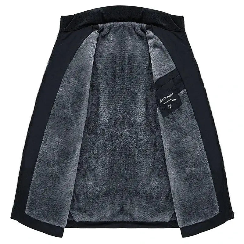 Simples Market men's puffer jacket with plush gray lining, black outer shell, stand collar, zip closure.
