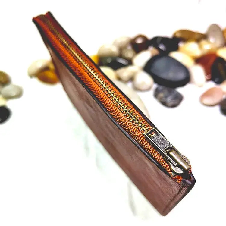Mini zipper waist bag leather belt pack in brown with orange zipper