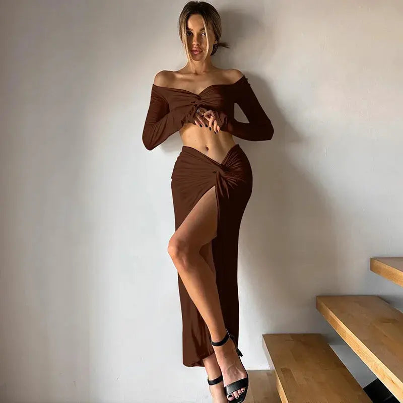 Ruched Long Sleeve Cropped Top And Asymmetric Split Skirt Coords Set