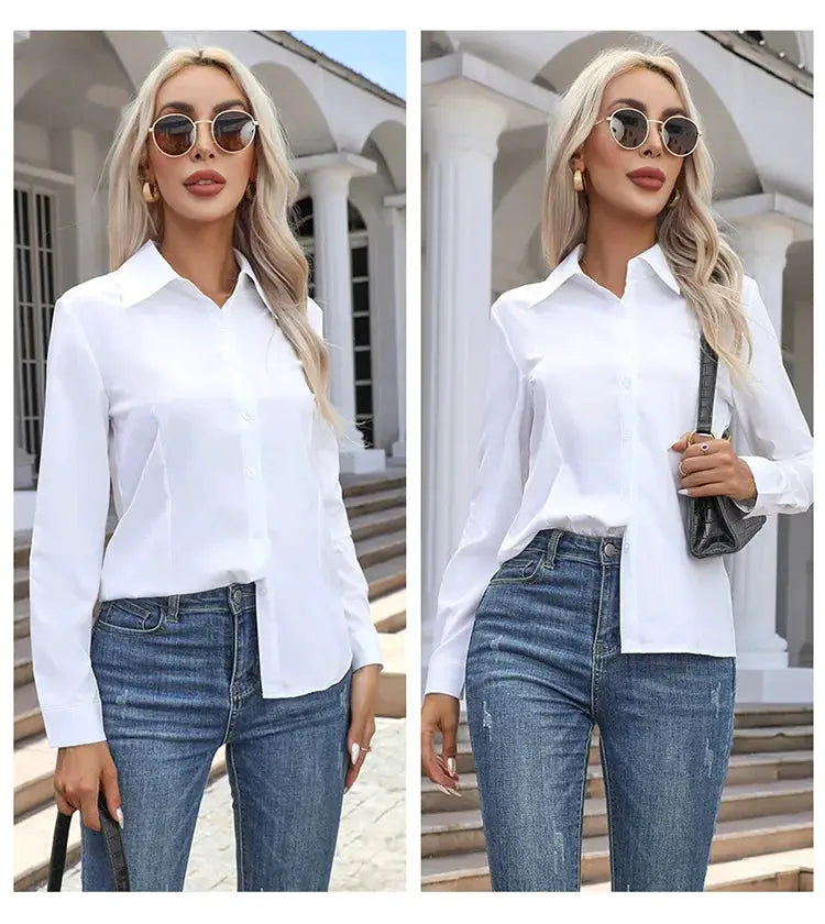 Women's white chiffon button-down shirt blouse, long sleeves, turn-down collar; two looks.