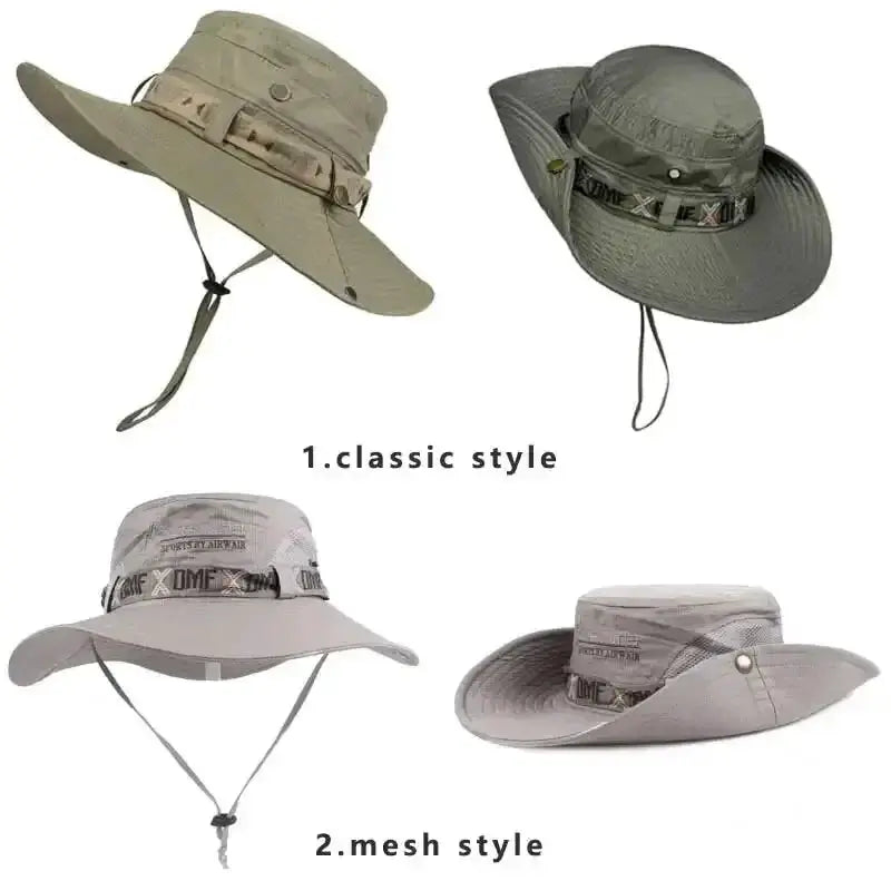 Simples Market bucket hats: four UV-protection wide-brim hats in beige, olive and gray tones, classic and mesh styles.