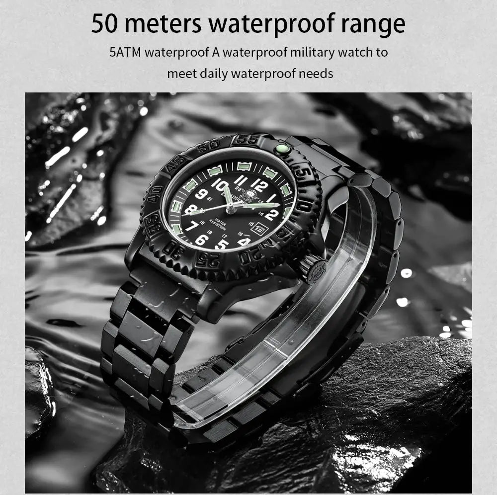 ADDIESDIVE luxury men's quartz watch with stainless steel strap, orange and black, 50m waterproof