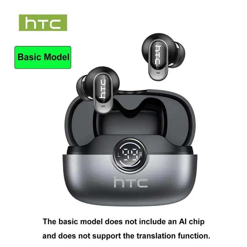 HTC NE79 wireless earbuds with charging case, two units, black/gray, LED display, basic model by Simples Market