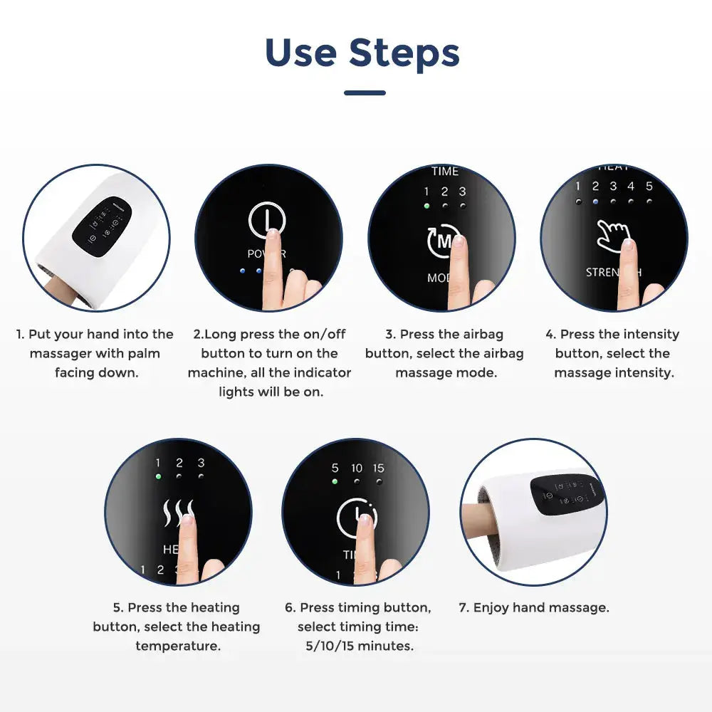 Smart Airbag Hand Massager, white wireless device with black control panel, carpal tunnel relief, kneading and heating