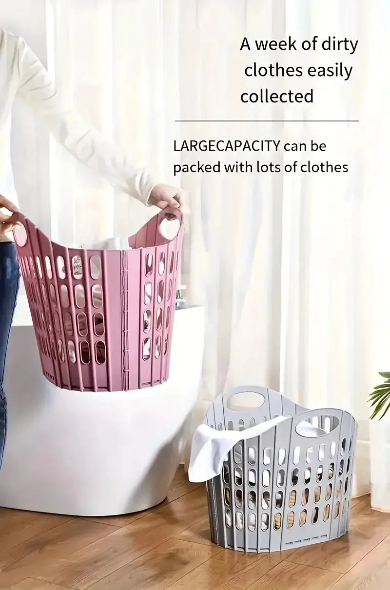Two foldable laundry hampers in pink and gray by Simples Market; high-capacity, space-saving fabric baskets with handles
