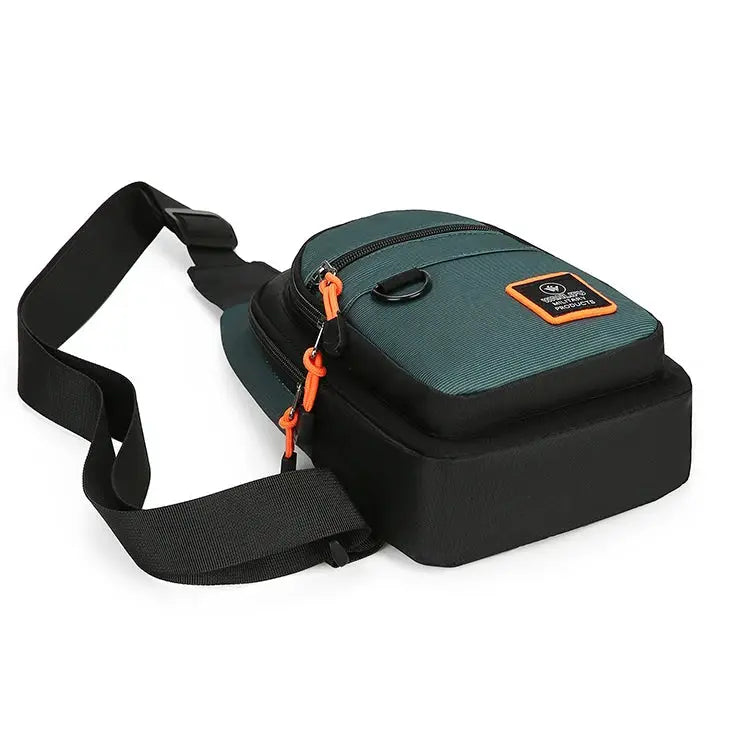 Simples Market men's shoulder bag, teal and black waterproof crossbody bag with orange zipper pulls.