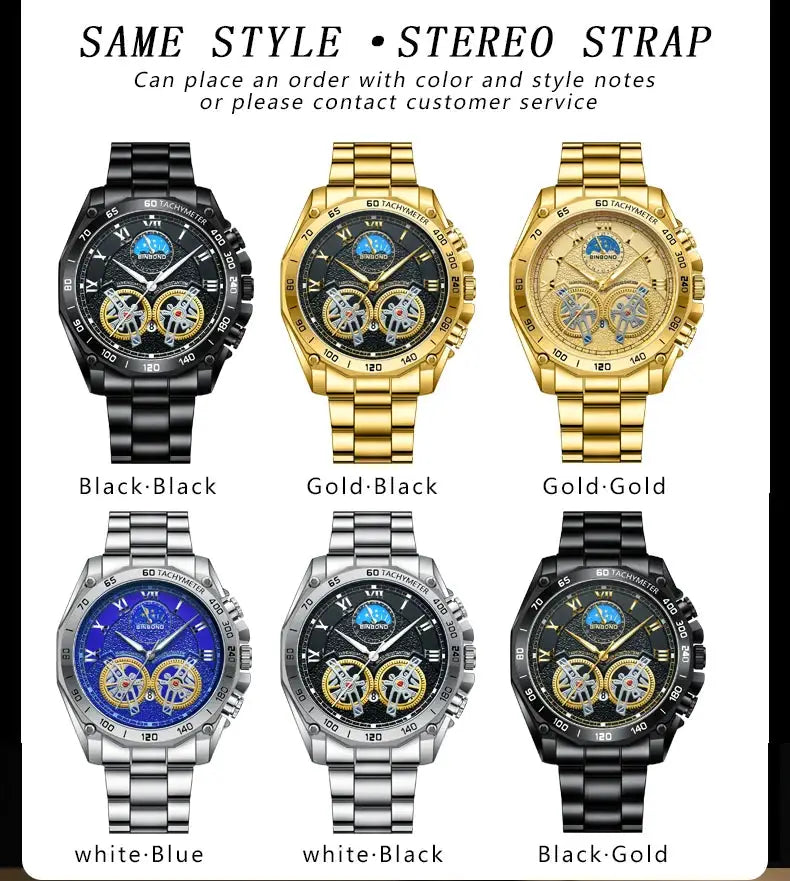BINBOND luxury men's quartz watches; six styles Black-Black, Gold-Black, Gold-Gold, White-Blue, White-Black, Black-Gold