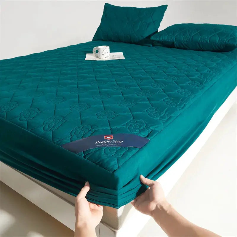 1pc Waterproof Mattress Protector teal quilted fitted sheet with deep pocket for single or double bed by Simples Market