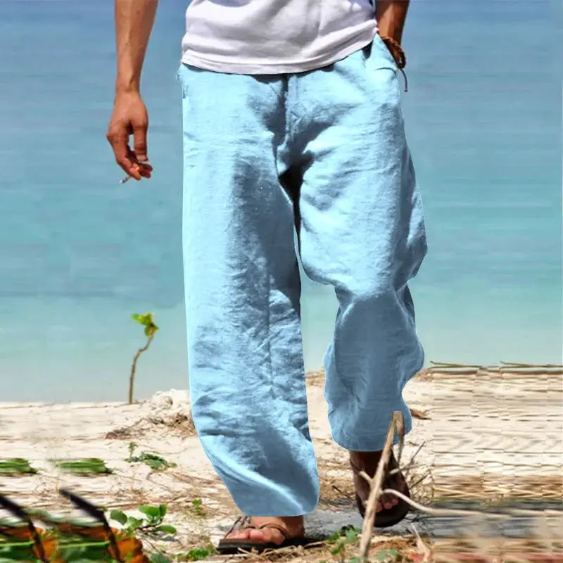 Men's cotton linen pants in light blue, loose-fit jogger-style long trousers with drawstring