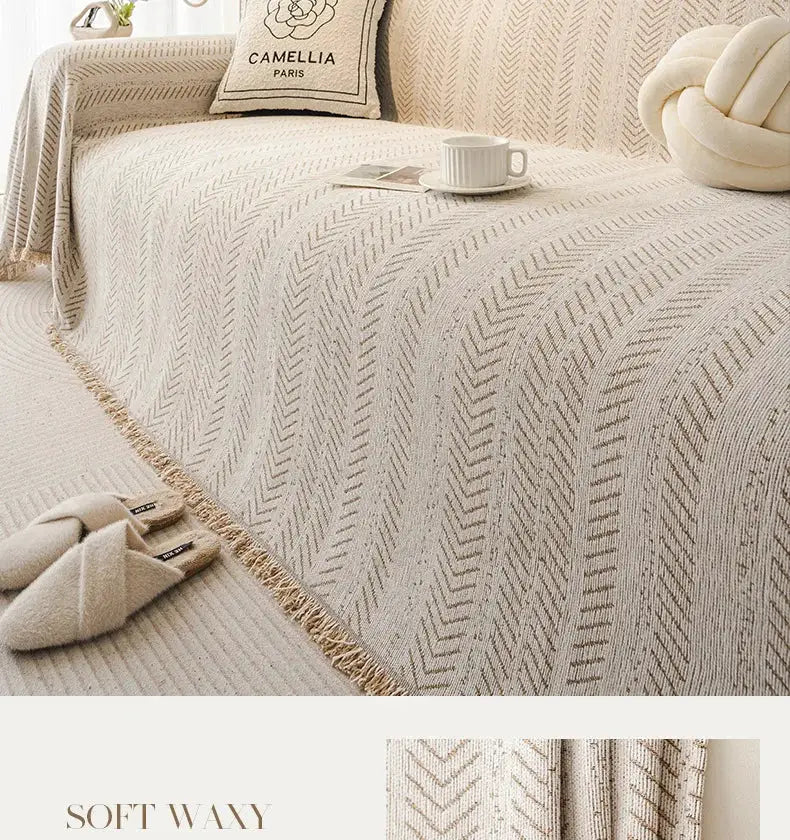 Simples Market home sofa cover for 3-seater in beige fishbone pattern; anti-scratch, non-slip, stain-resistant full set