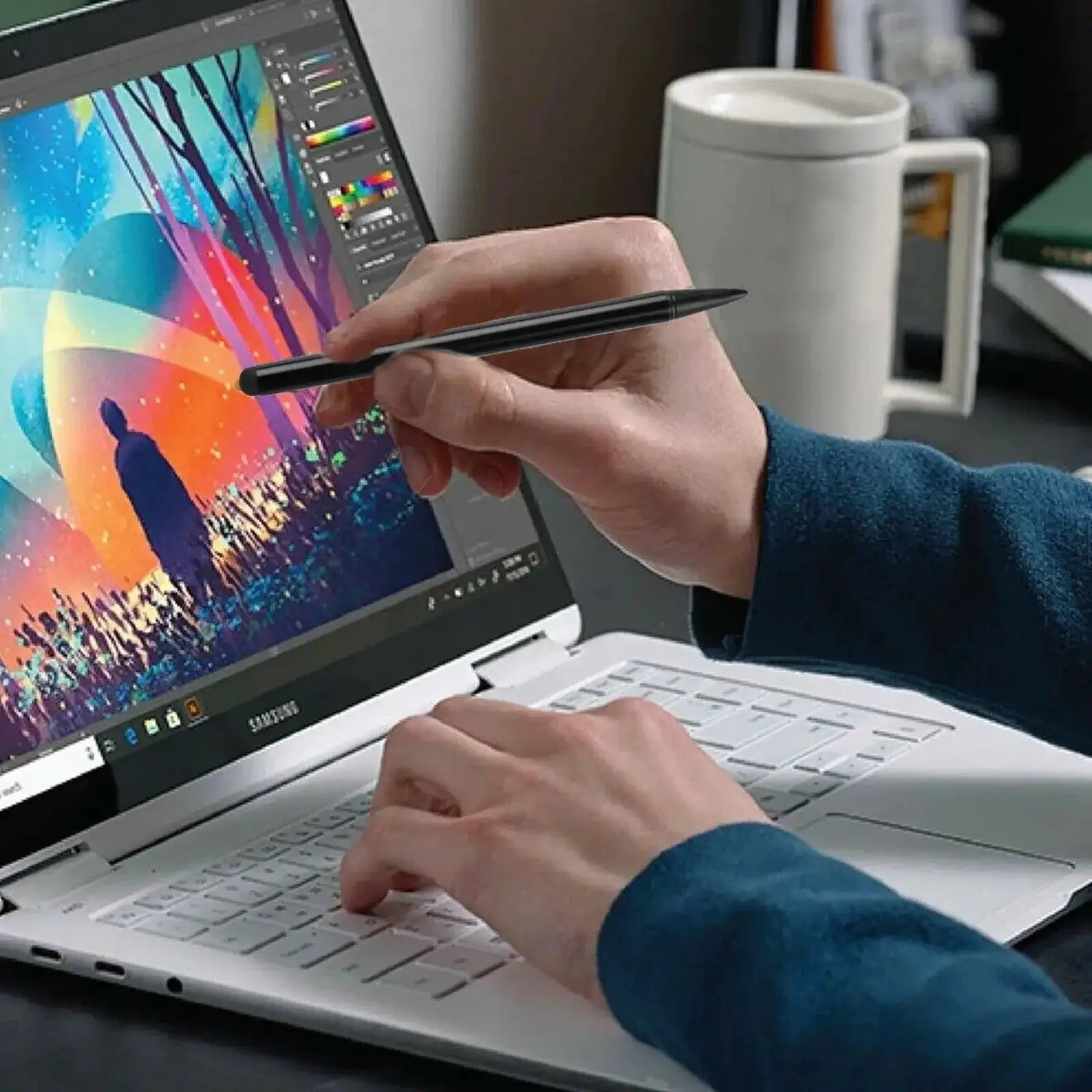 Universal dual-use capacitive screen pen by Simples Market; black, shown on Samsung laptop screen