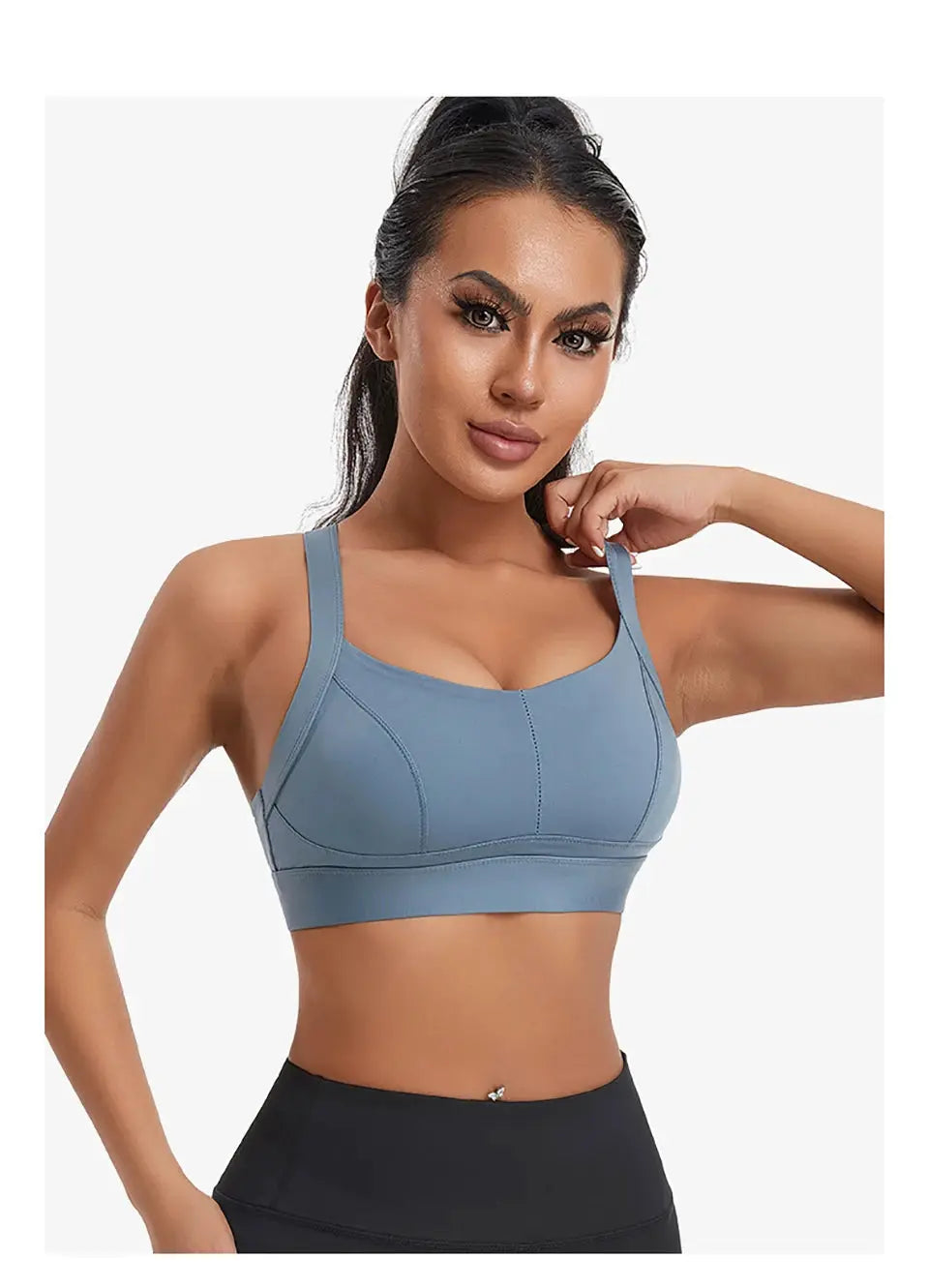 Simples Market women’s blue high-impact sports bra; padded, criss-cross back crop top for workouts