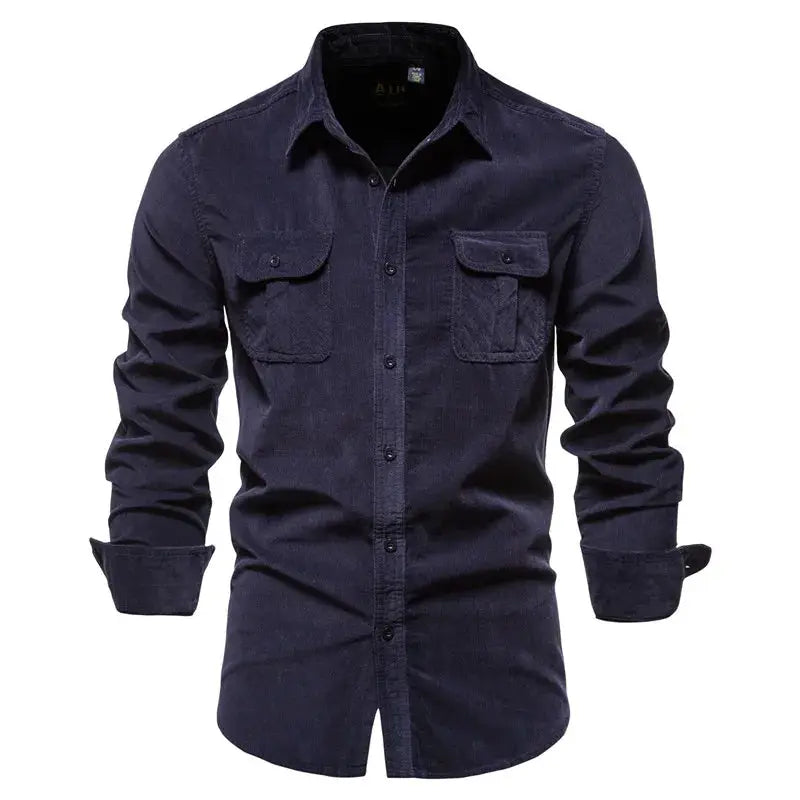 Simples Market navy corduroy men's long-sleeve shirt with button-down front and two chest pockets