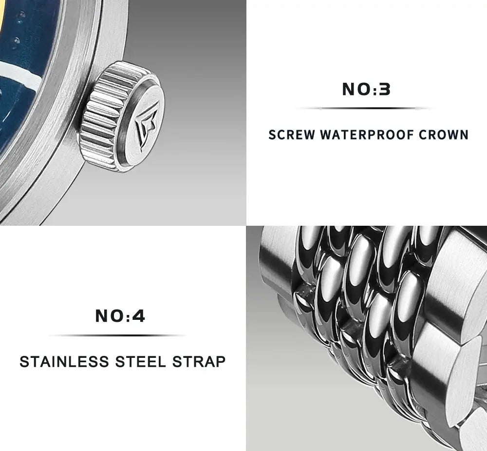 CADISEN automatic mechanical watch for men, silver stainless steel bracelet with domed glass and MIYOTA 8215 movement.