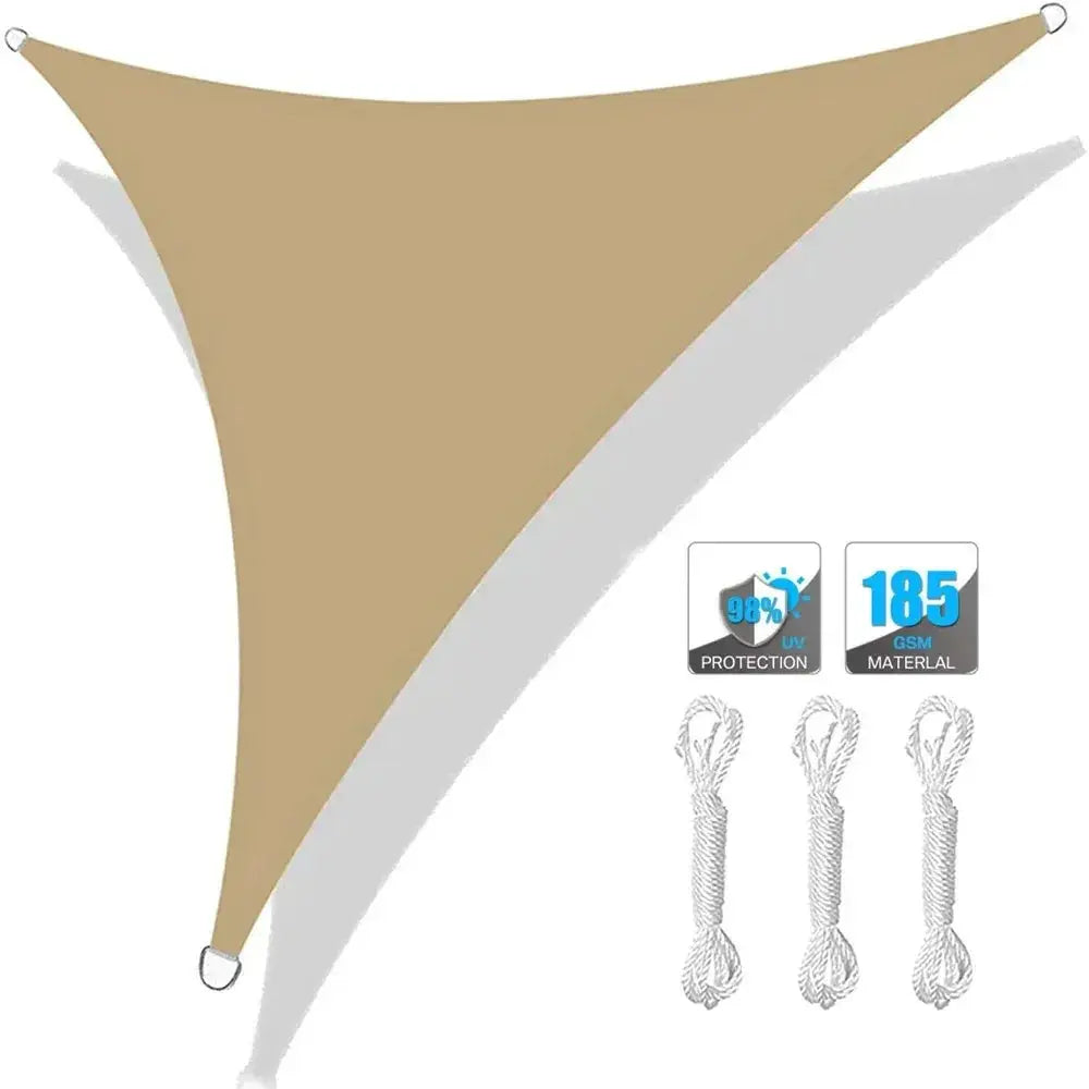 Tan triangle shade sail canopy with three ropes; waterproof outdoor sun shade for garden, patio, pool