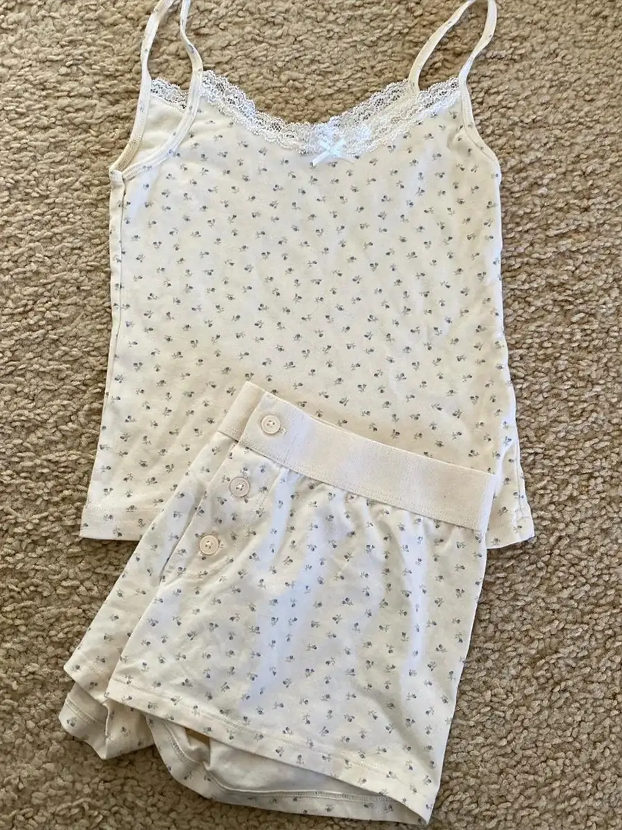 Strawberry Print Vest And Shorts Set For Women Eyelet Bow Tank Top