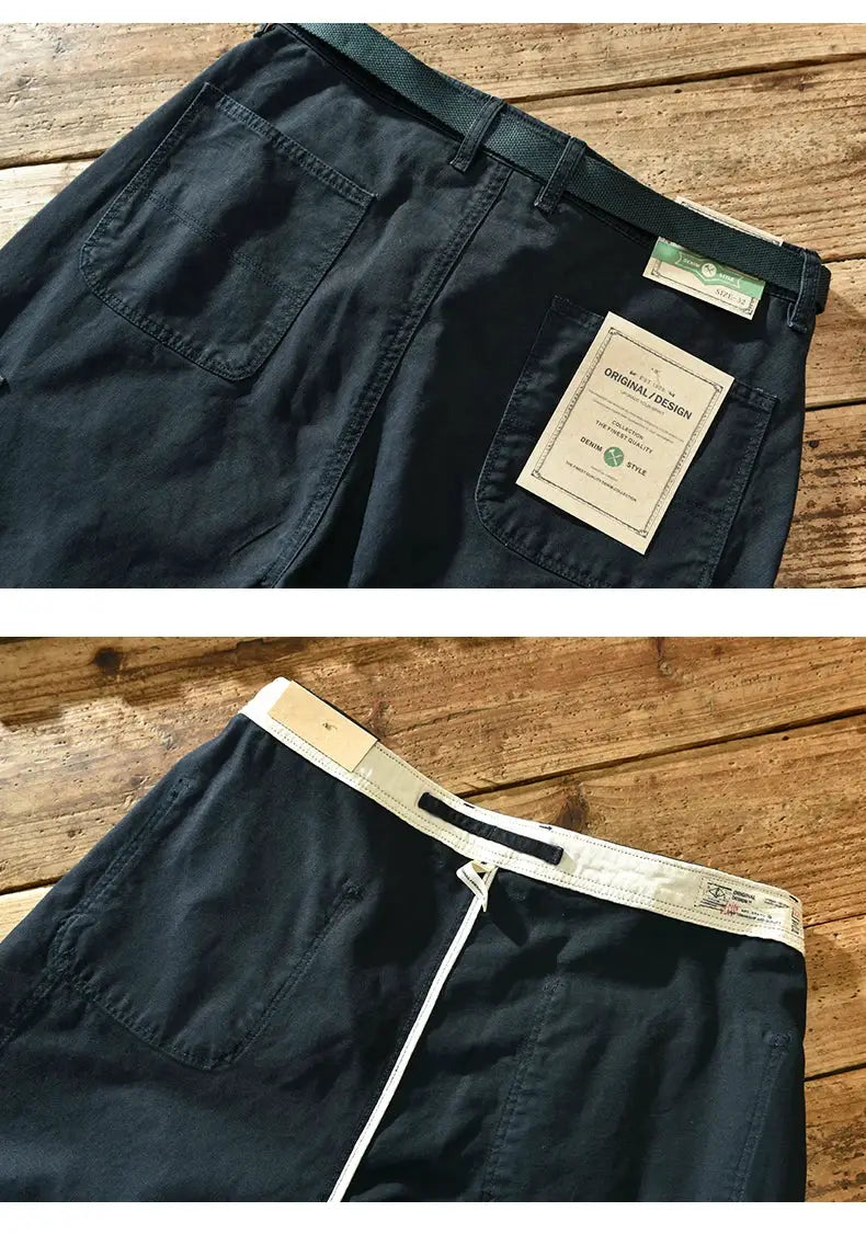 HIQOR men's 100% cotton cargo pants, dark navy, loose fit with white belt