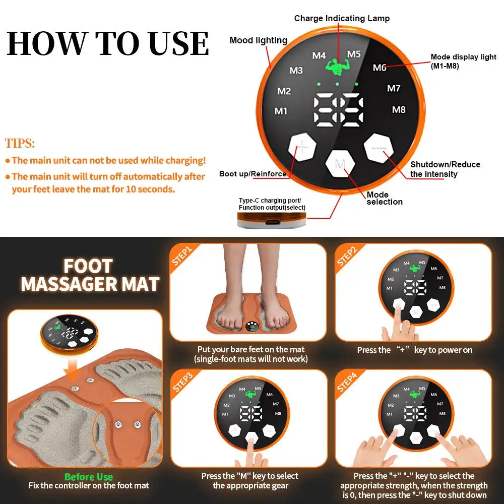 3D Smart Foot Massager Pad with orange circular control panel on a foot massage mat by Simples Market