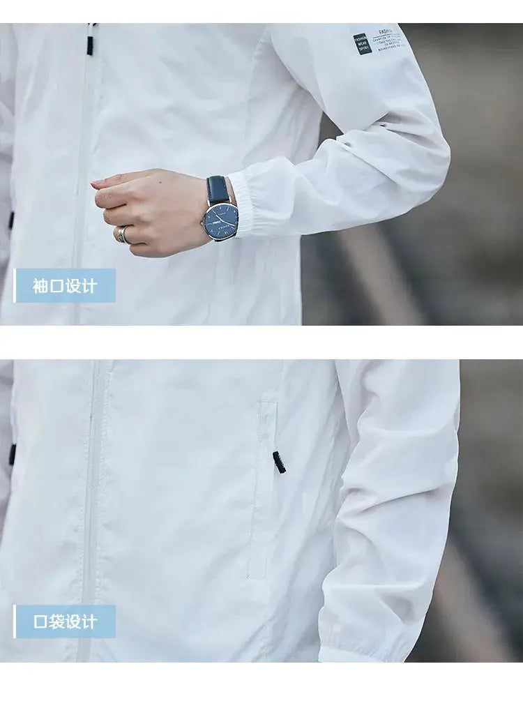 White UV-protection lightweight jacket by Simples Market with breathable fabric, zip pockets, and cuff design.