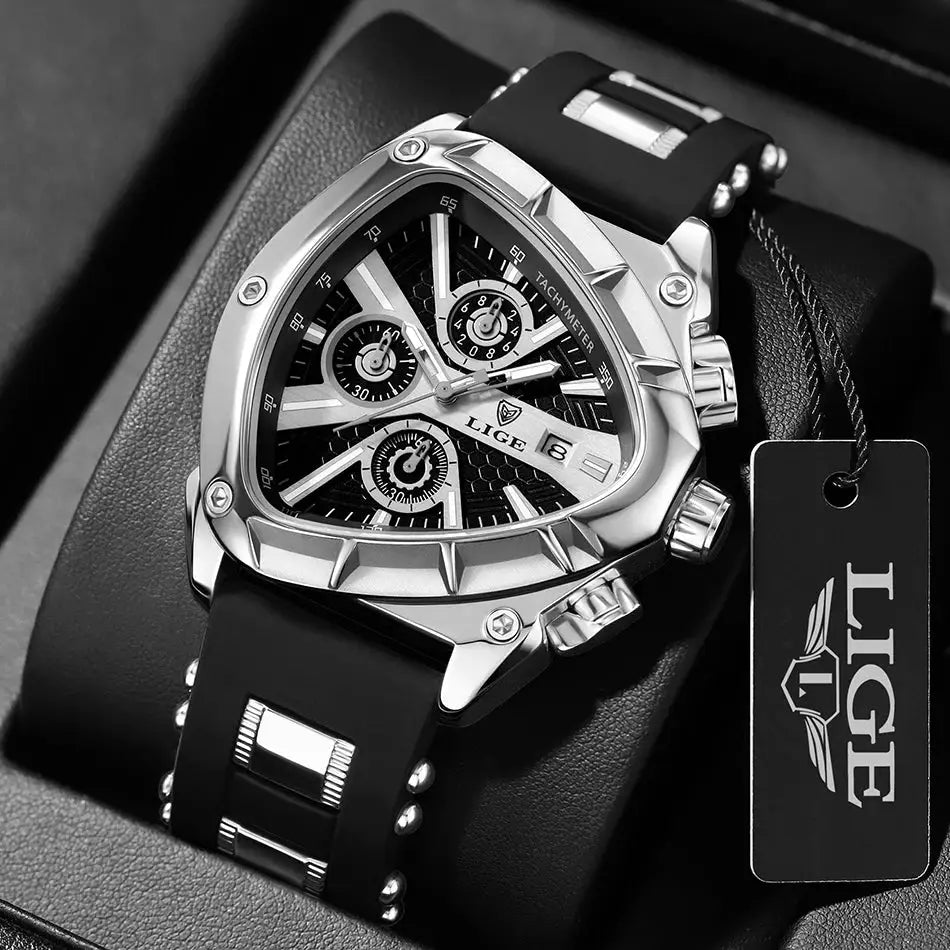 LIGE men's luxury chronograph wristwatch with black dial, silver stainless steel case, black strap, and box
