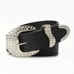 Black rhinestone double-buckle belt with crystal-embellished buckles for jeans