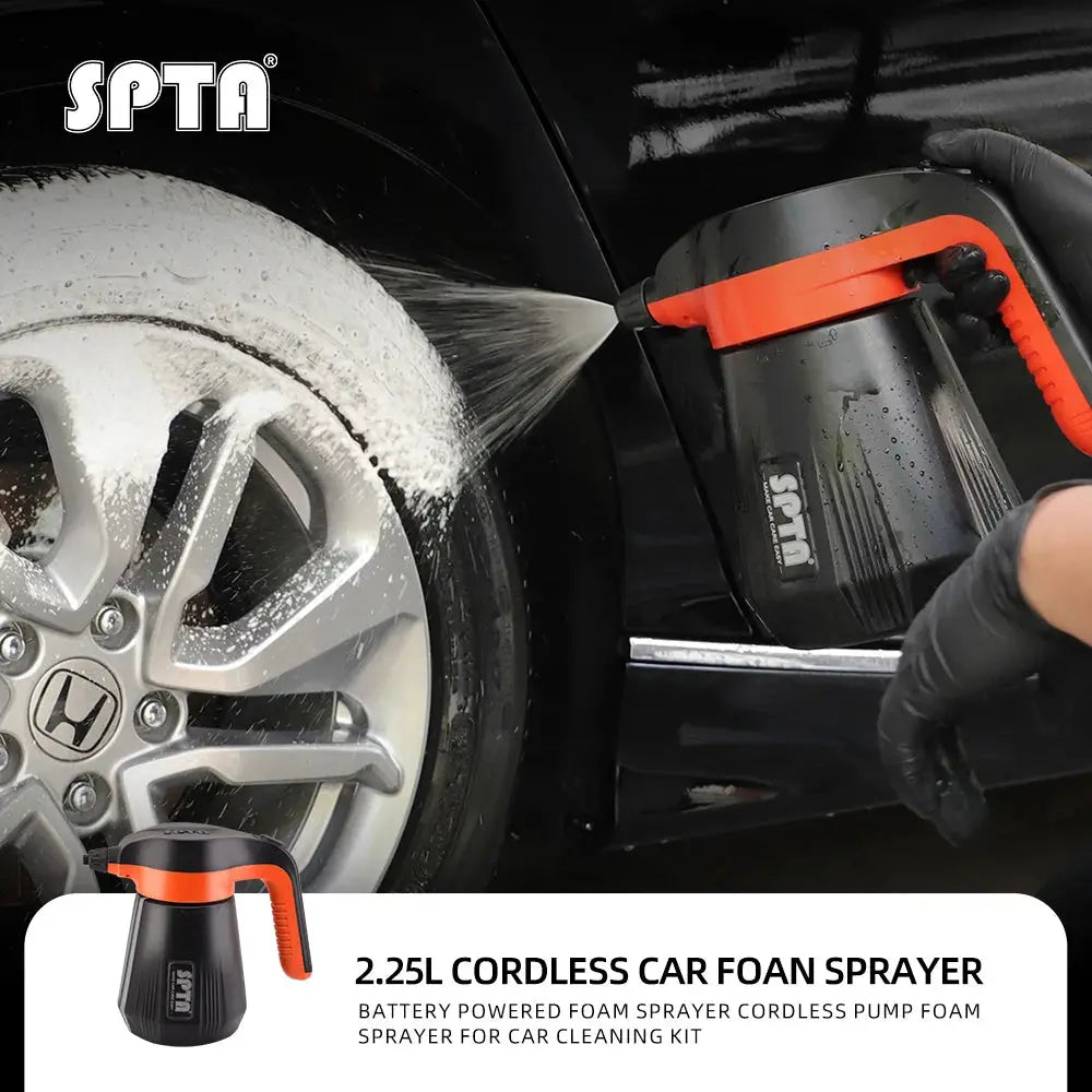 SPTA cordless car foam sprayer with orange handle, 2.25L capacity.