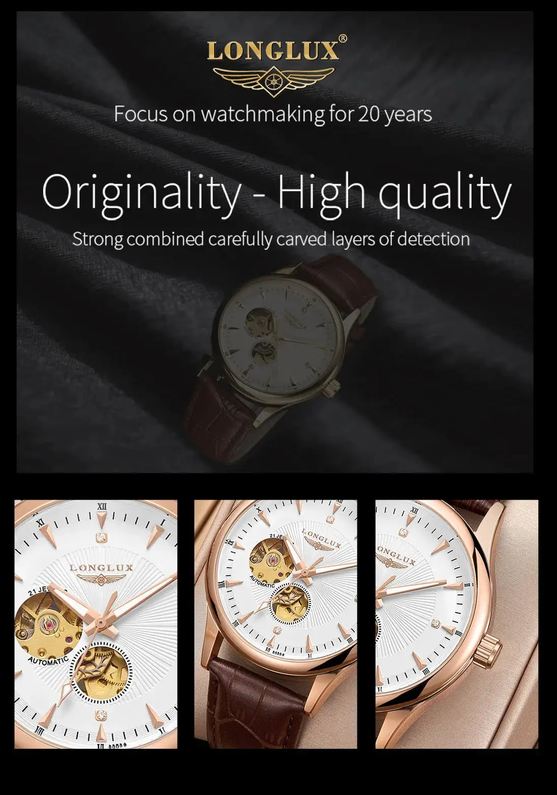 Automatic skeleton men's watch with brown leather strap and rose-gold case