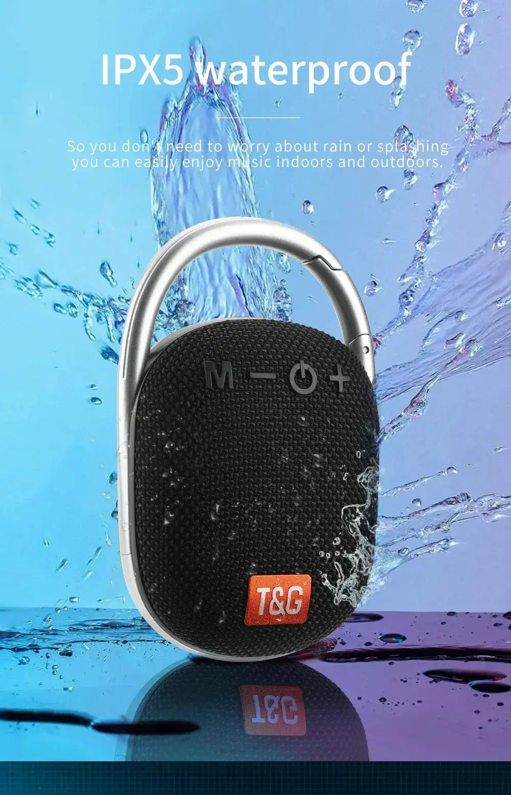 TG321 outdoor portable waterproof Bluetooth speaker, black fabric grille with silver handle and T&G logo
