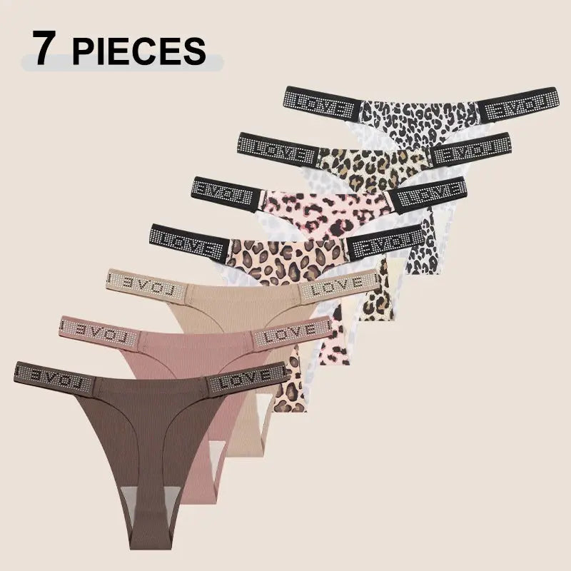 7-piece women's thong underwear set with leopard-print and solid colors, crystal-letter waistband, low-rise and breathable