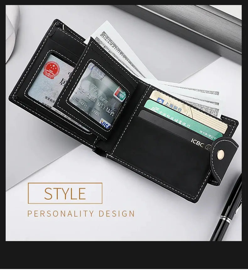 Men's PU leather short wallet by Simples Market with ID window and card slots, black