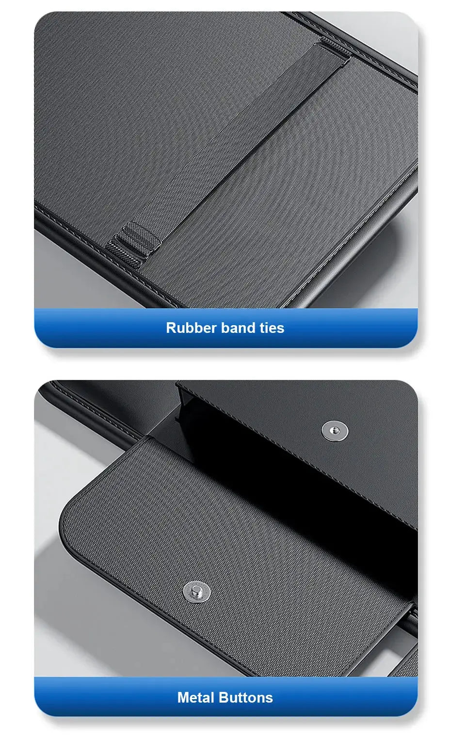 BLALION car sun visor organizer, dark gray textured fabric with rubber band ties and metal snap buttons