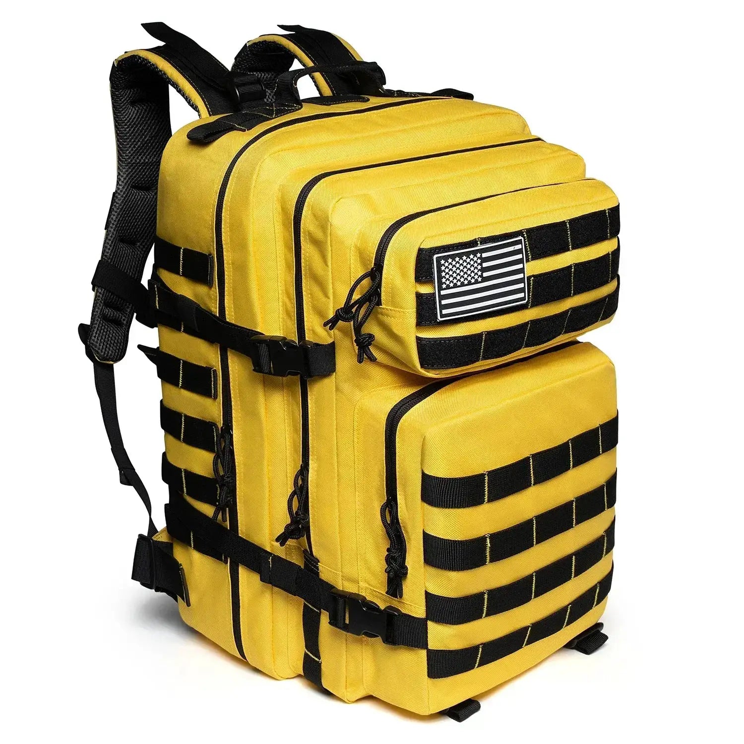 Simples Market 45L yellow tactical backpack with MOLLE webbing and US flag patch
