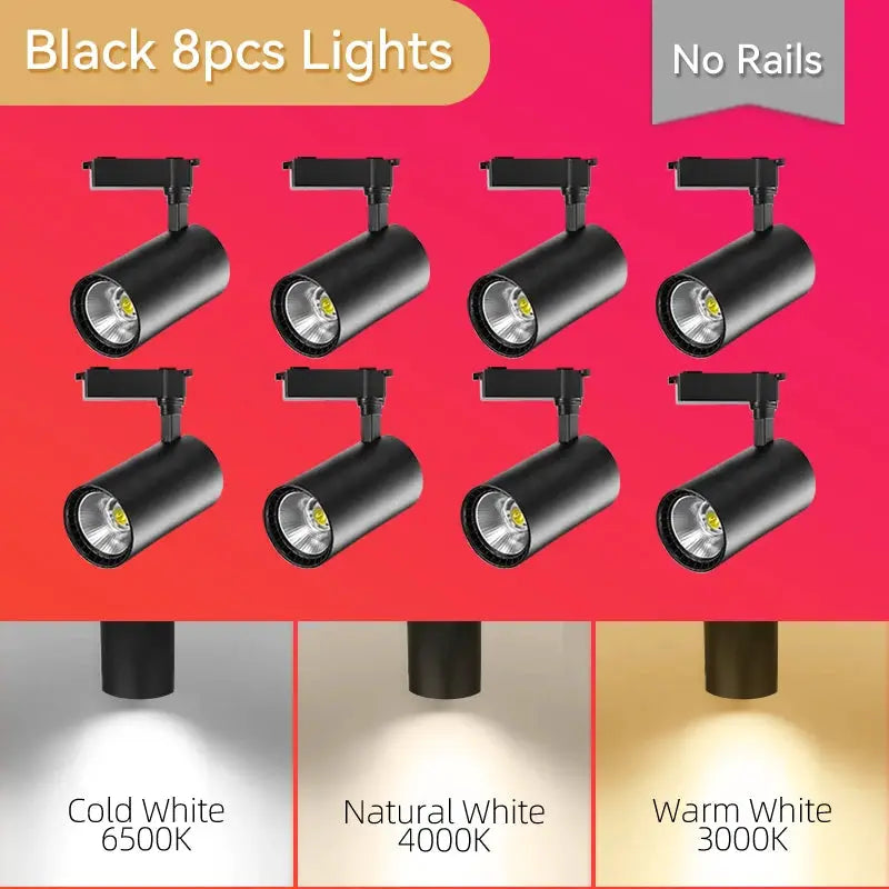 Black 8-pack LED track lighting kit with eight spotlights; 220V, cold 6500K, natural 4000K, warm 3000K.
