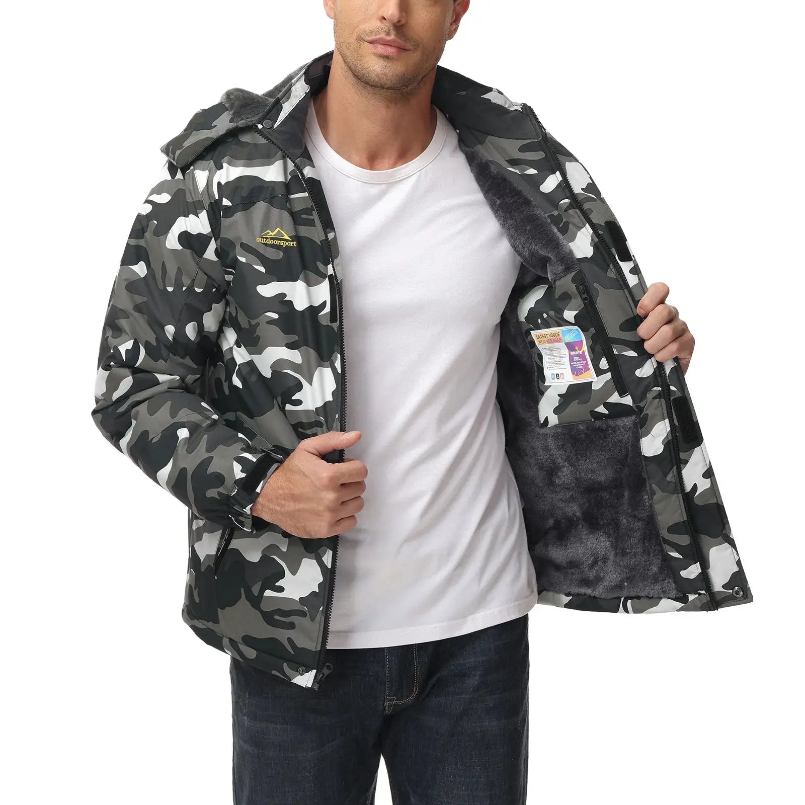 KEFITEVD men's gray camouflage winter jacket with outdoorsport logo and faux fur lining