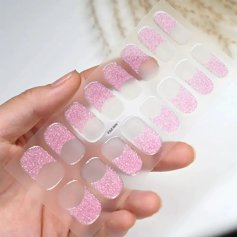 Pink glitter gel nail wraps sheet with full-cover adhesive decals for manicure