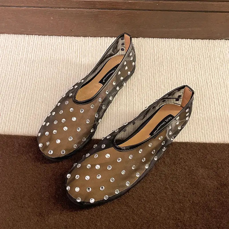Fish Net Crystal Women Ballet Flats Slip On Dress Shoes Spring 2026