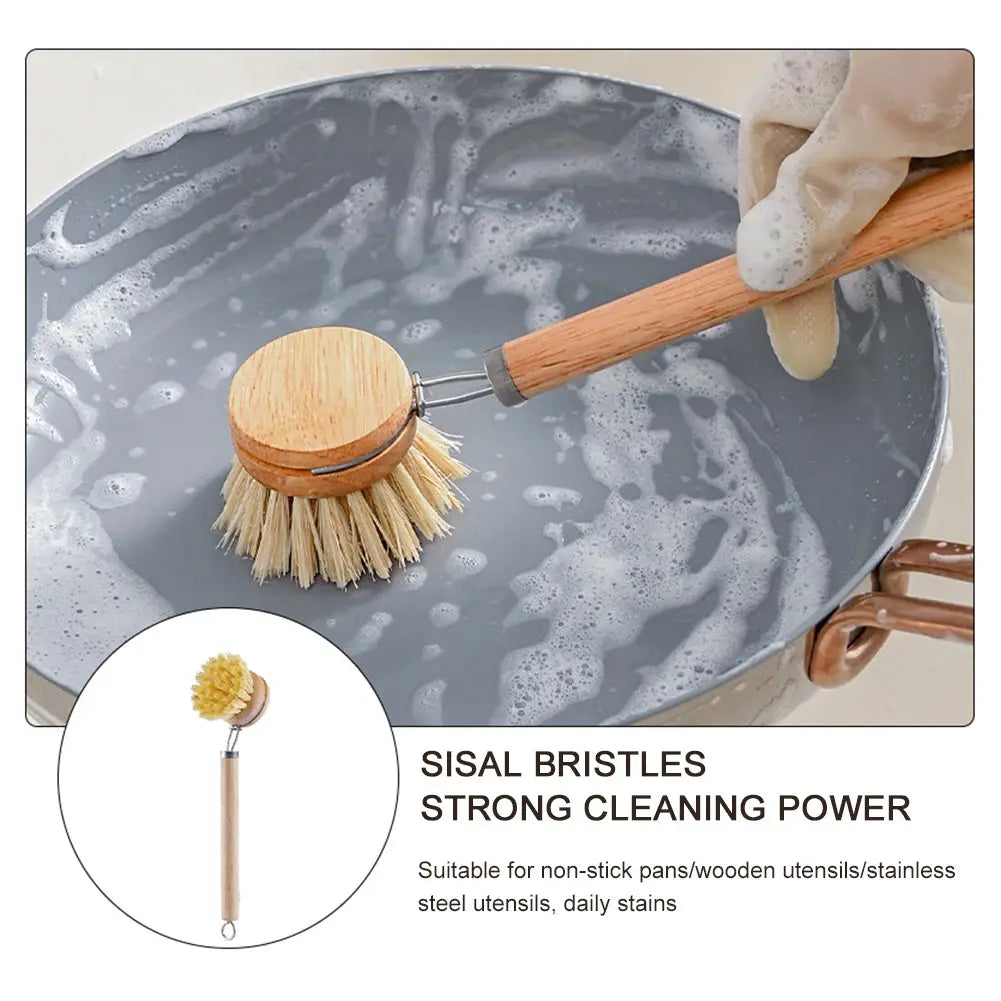 Simples Market replaceable dish brush with wooden handle and natural bristles for pot cleaning