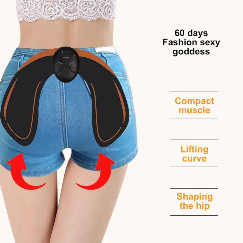 Simples Market wireless hip trainer butt-lifting massager with black curved pads worn over blue denim shorts