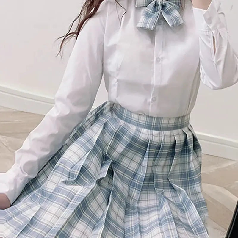 ZOKI plaid pleated skirt, light blue plaid, high-waist design