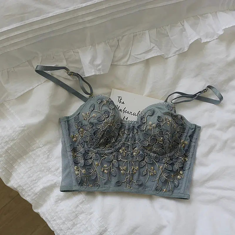 Three-Dimensional embroidered lace bralette in gray with floral appliqué by Simples Market