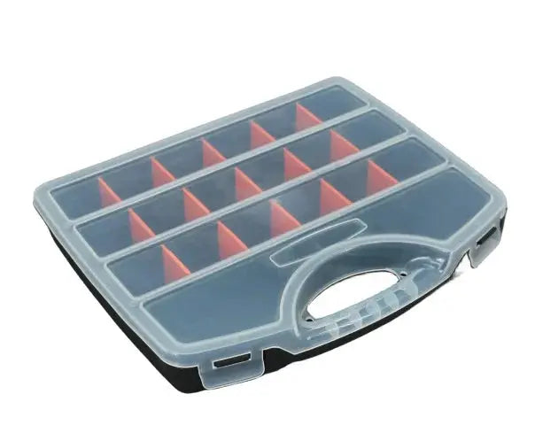 Simples Market plastic tool parts box with red dividers, translucent blue lid, and a carry handle